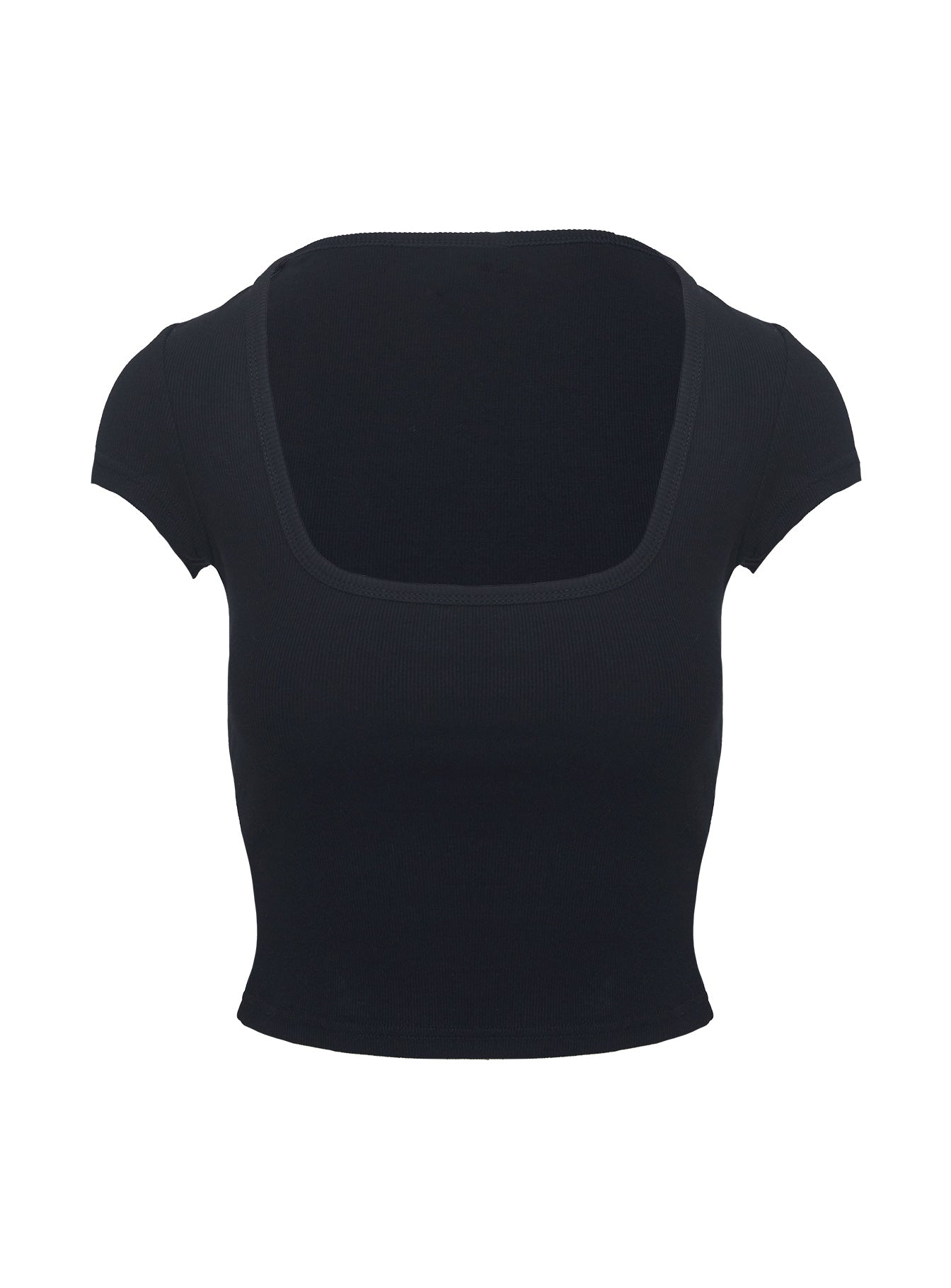 back view of model wearing Princess Polly Baseline Square Neck Rib Top Black Short Sleeves Square Neck 