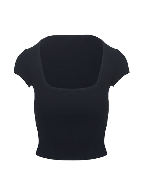 back view of model wearing Princess Polly Baseline Square Neck Rib Top Black Short Sleeves Square Neck 