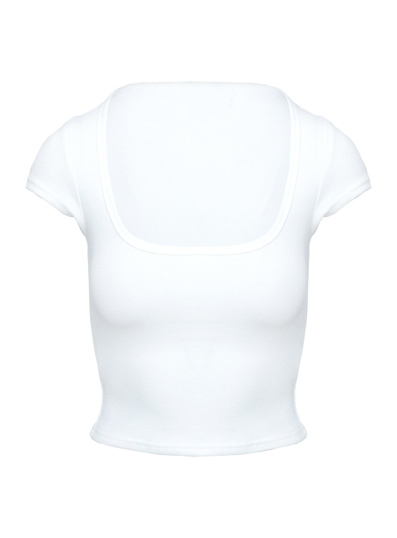 back view of model wearing Princess Polly Baseline Square Neck Rib Top White Short Sleeves Square Neck 