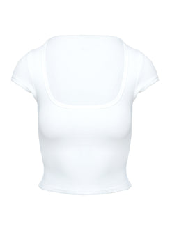 back view of model wearing Princess Polly Baseline Square Neck Rib Top White Short Sleeves Square Neck 