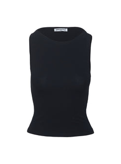side view of model wearing Princess Polly Bleeker High Neck Top Black Sleeveless Boat Neck 