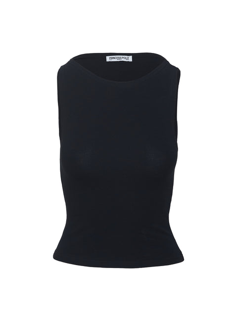 side view of model wearing Princess Polly Bleeker High Neck Top Black Sleeveless Boat Neck 