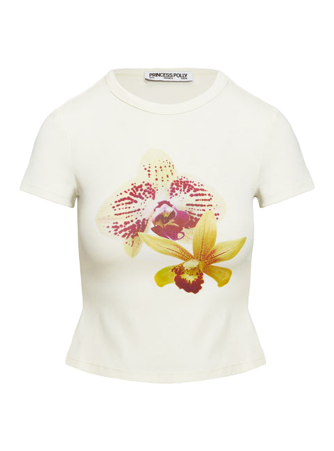 front view of model wearing Princess Polly Blooming Orchids Graphic Top Cream Short Sleeves Crew Neck 