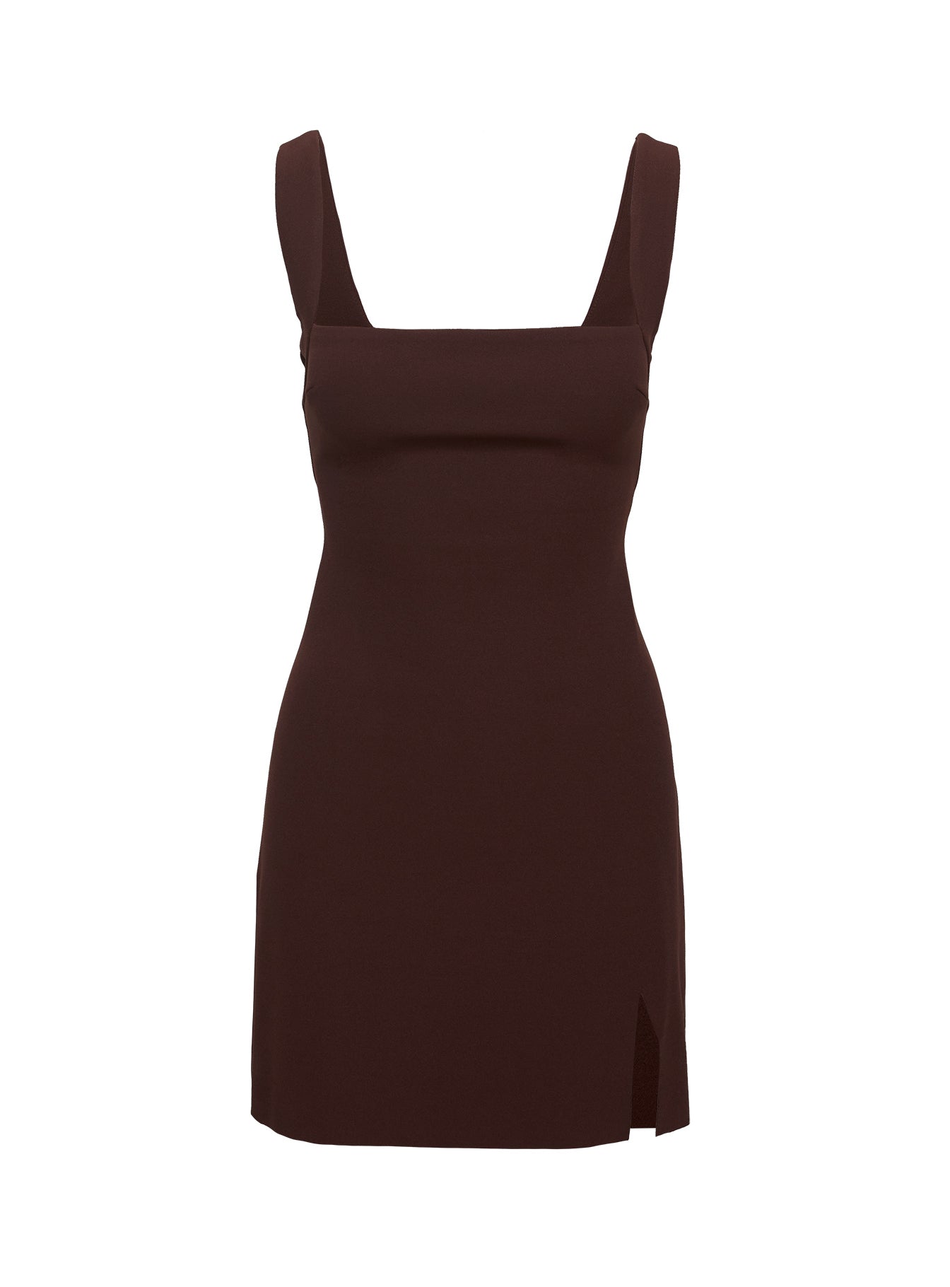 side view of model wearing Princess Polly Bombshell Mini Dress Chocolate Square Neck 