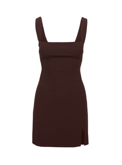 side view of model wearing Princess Polly Bombshell Mini Dress Chocolate Square Neck 