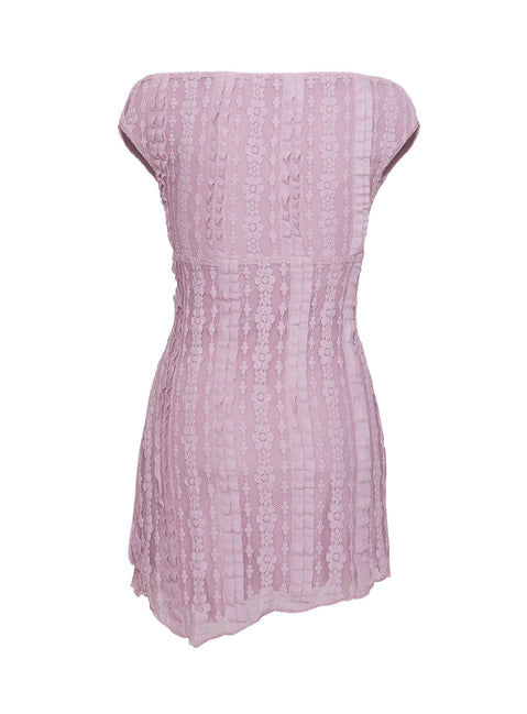 back view of model wearing Princess Polly Breezy Off The Shoulder Mini Dress Lilac V-Neck 