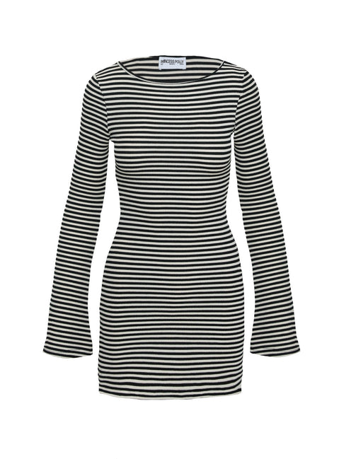 product Princess Polly Bryanna Long Sleeve Mini Dress Black / White Petite Crew Neck 