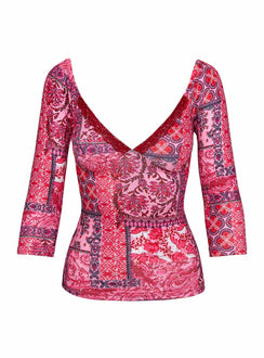 side view of model wearing Princess Polly Beaming Long Sleeve Top Paisley Three Fourth Sleeves V-Neck 
