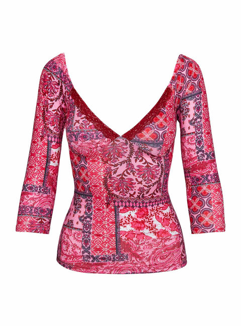 side view of model wearing Princess Polly Beaming Long Sleeve Top Paisley Three Fourth Sleeves V-Neck 