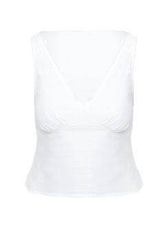 side view of model wearing Princess Polly Cappucino Lace Trim Top White Sleeveless Plunger 