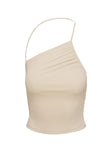 back view of model wearing Princess Polly Catalyst Asymmetrical Top Cream Sleeveless Asymmetric Neckline 