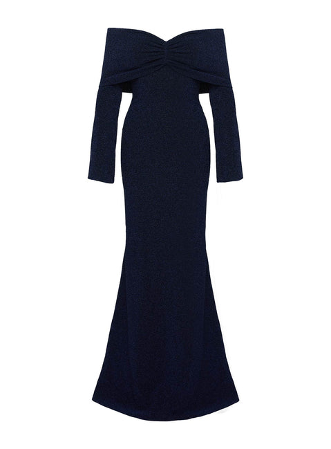 back view of model wearing Princess Polly Cecilia Off The Shoulder Maxi Dress Navy V-Neck 
