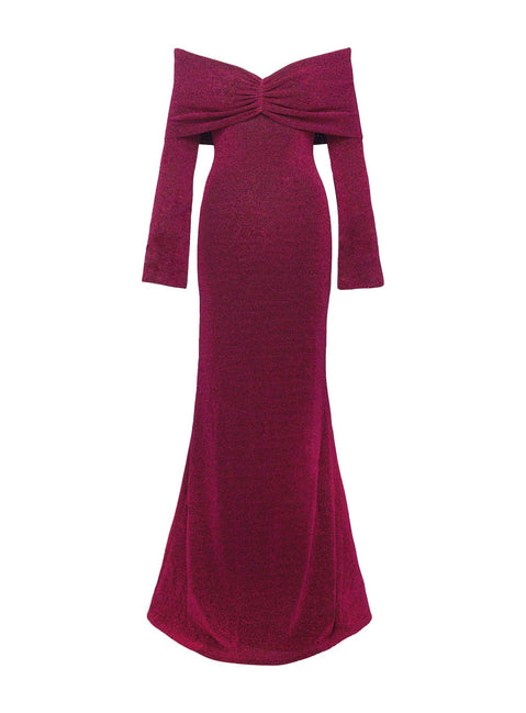 back view of model wearing Princess Polly Cecilia Off The Shoulder Maxi Dress Wine V-Neck 