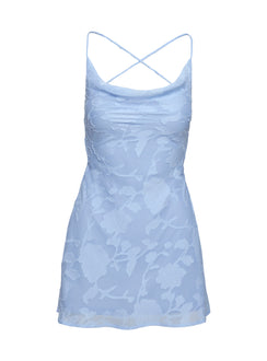 back view of model wearing Princess Polly Celena Mini Dress Light Blue Burnout Tall Cowl Neck 