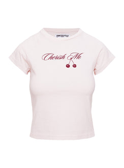 side view of model wearing Princess Polly Cherish Me Graphic Top Pink Short Sleeves Crew Neck 