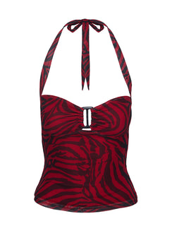 side view of model wearing Princess Polly Cielo Mesh Halter Top Red Zebra Sleeveless Sweetheart 