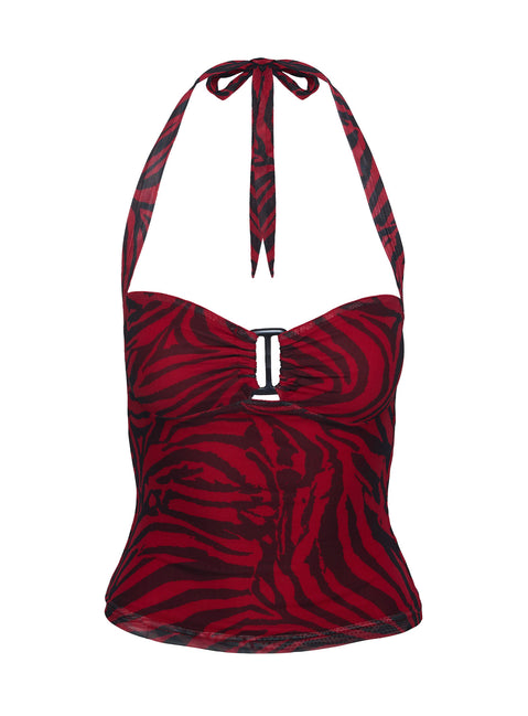 side view of model wearing Princess Polly Cielo Mesh Halter Top Red Zebra Sleeveless Sweetheart 