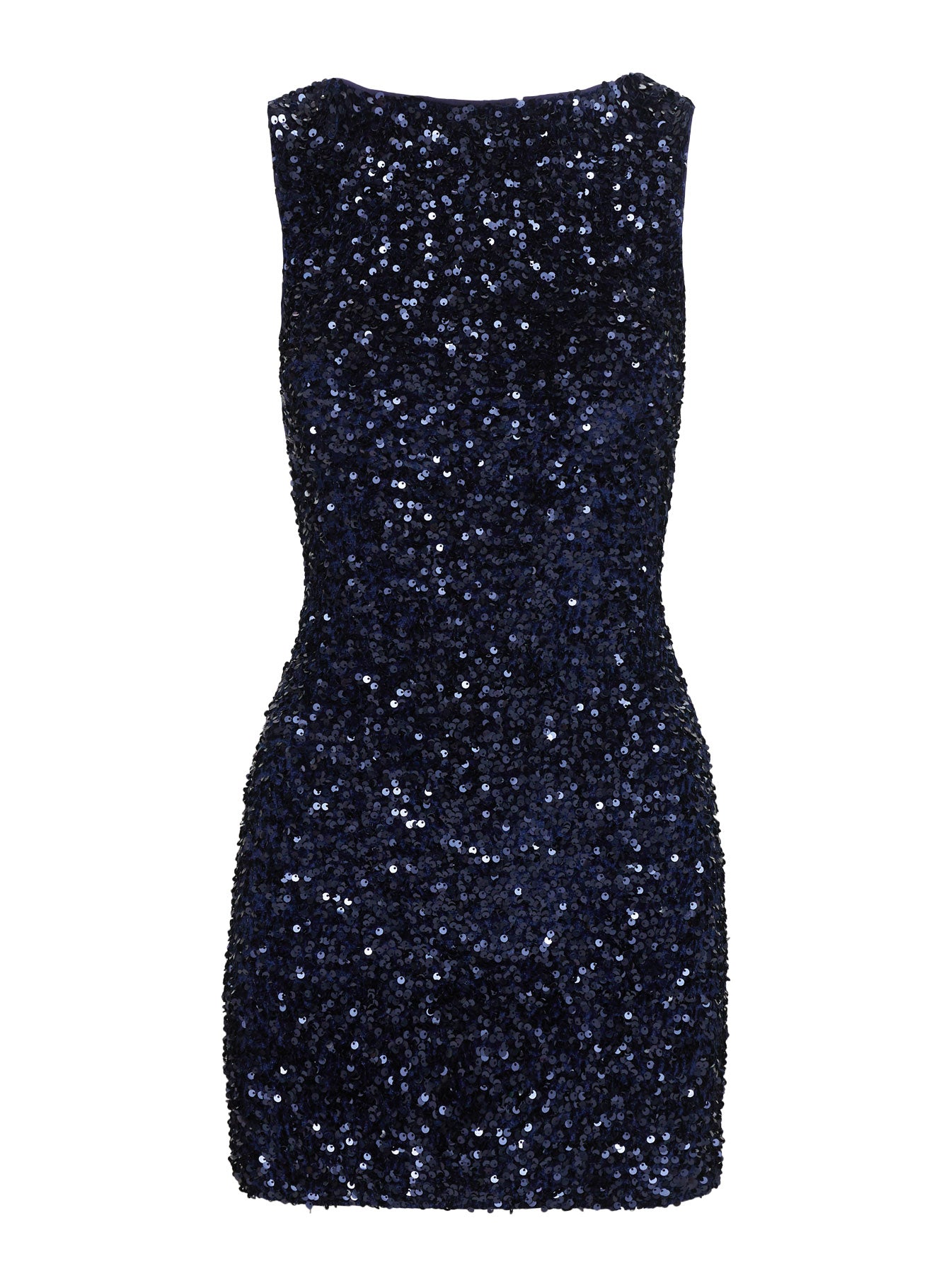 back view of model wearing Princess Polly Cinematic Sequin Mini Dress Navy Crew Neck 