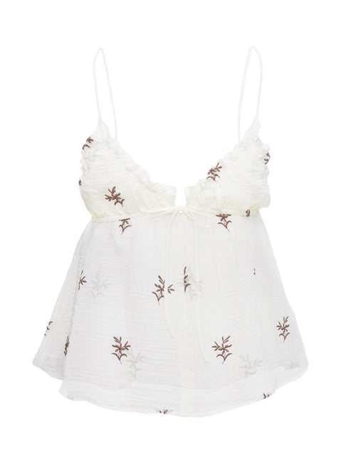 back view of model wearing Princess Polly Cinnamon Embroidered Top Cream Sleeveless Plunger 