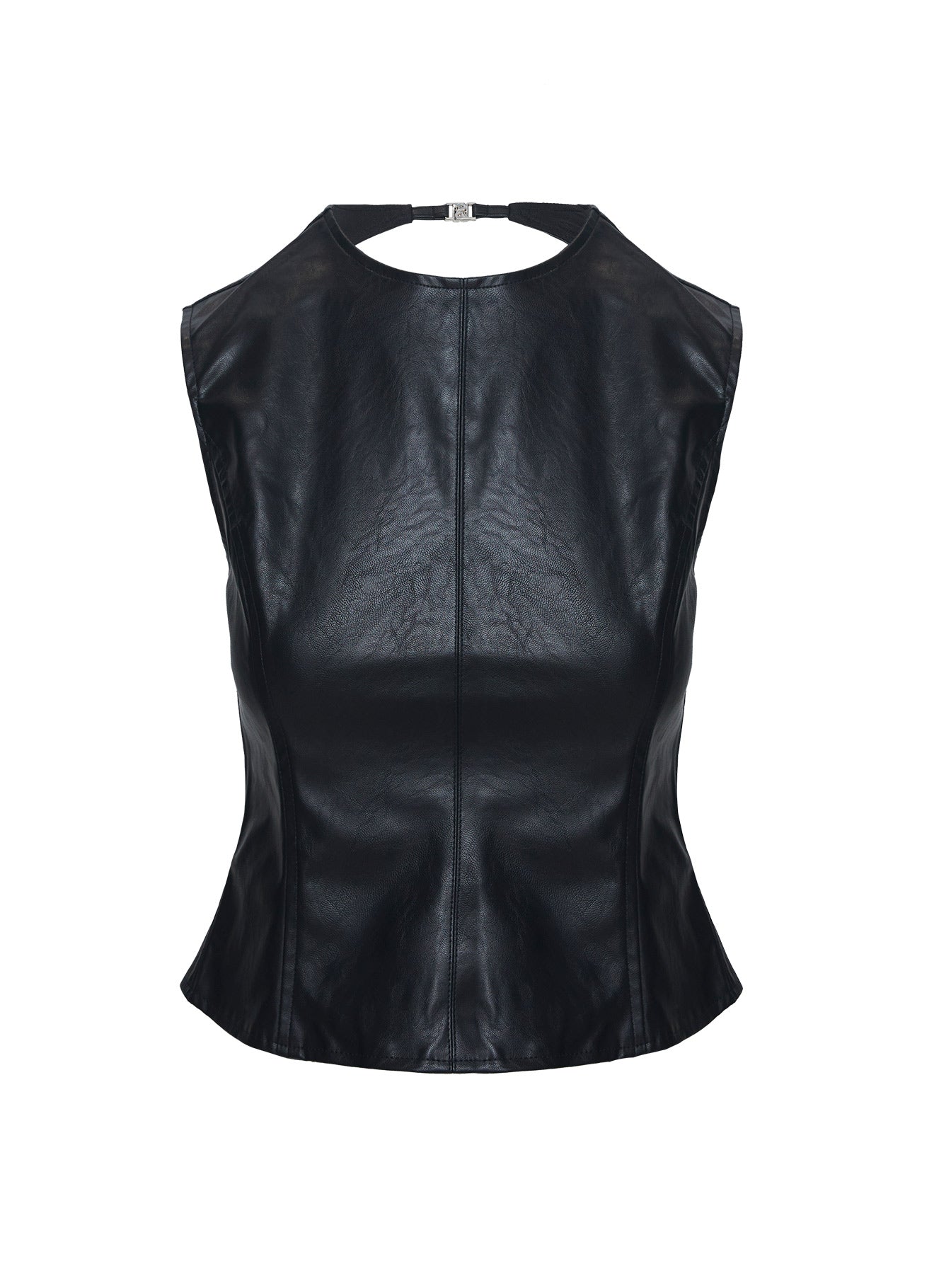 back view of model wearing Princess Polly Countryside Top Onyx Sleeveless High Neck 