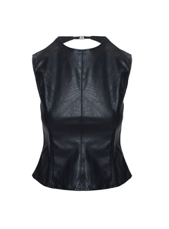 back view of model wearing Princess Polly Countryside Top Onyx Sleeveless High Neck 