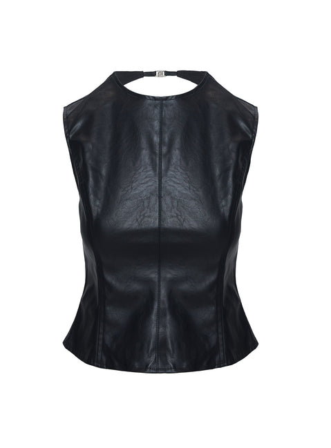 back view of model wearing Princess Polly Countryside Top Onyx Sleeveless High Neck 