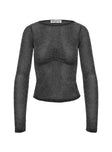 back view of model wearing Princess Polly Crystal Clear Long Sleeve Mesh Top Black / Silver Full Sleeves Boat Neck 