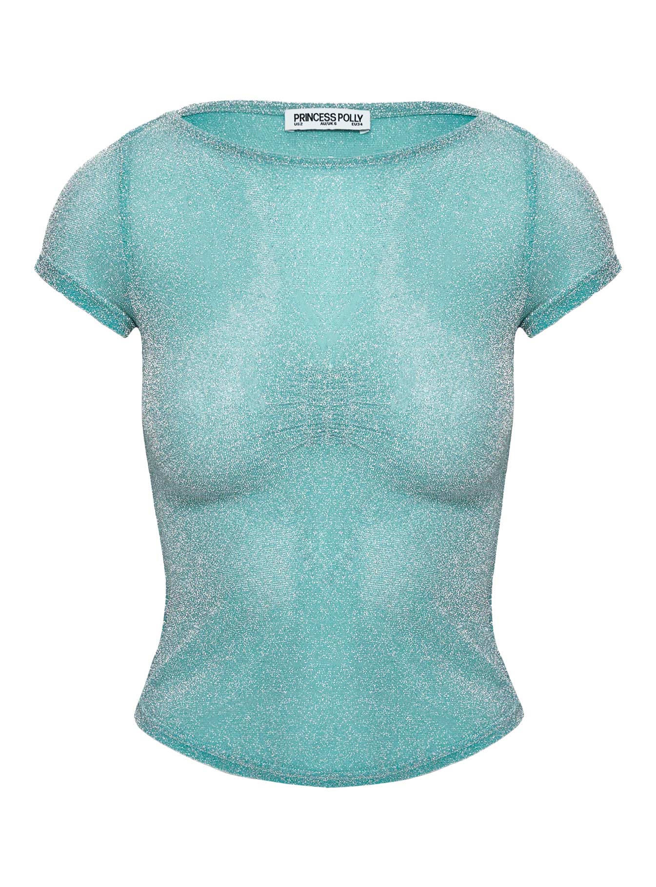 back view of model wearing Princess Polly Crystal Clear Mesh Top Aqua Short Sleeves High Neck 