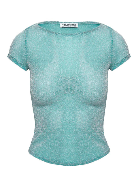 back view of model wearing Princess Polly Crystal Clear Mesh Top Aqua Short Sleeves High Neck 