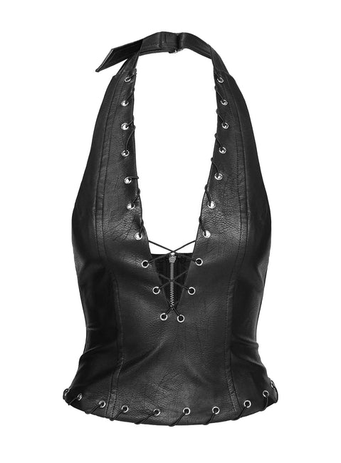 side view of model wearing Princess Polly Captivated Faux Leather Halter Top Black Sleeveless Plunger 