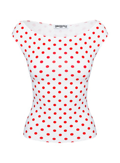 side view of model wearing Princess Polly Cheirosa Off Shoulder Top White / Red Short Sleeves straight 