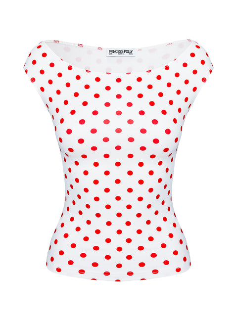 side view of model wearing Princess Polly Cheirosa Off Shoulder Top White / Red Short Sleeves straight 