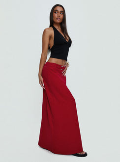 back view of model wearing Princess Polly Devoted Maxi Skirt Red Maxi 