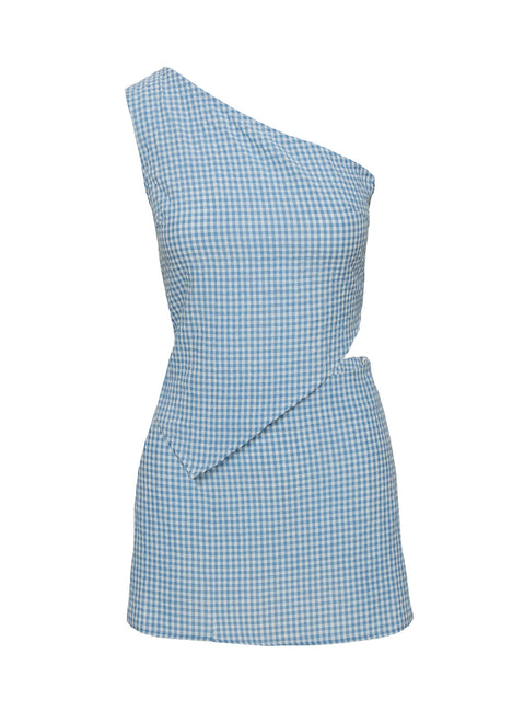Two-piece gingham set One shoulder top, exposed back with tie fastening, asymmetric hem High rise mini skirt, invisible zip fastening at side Non-stretch material, unlined 