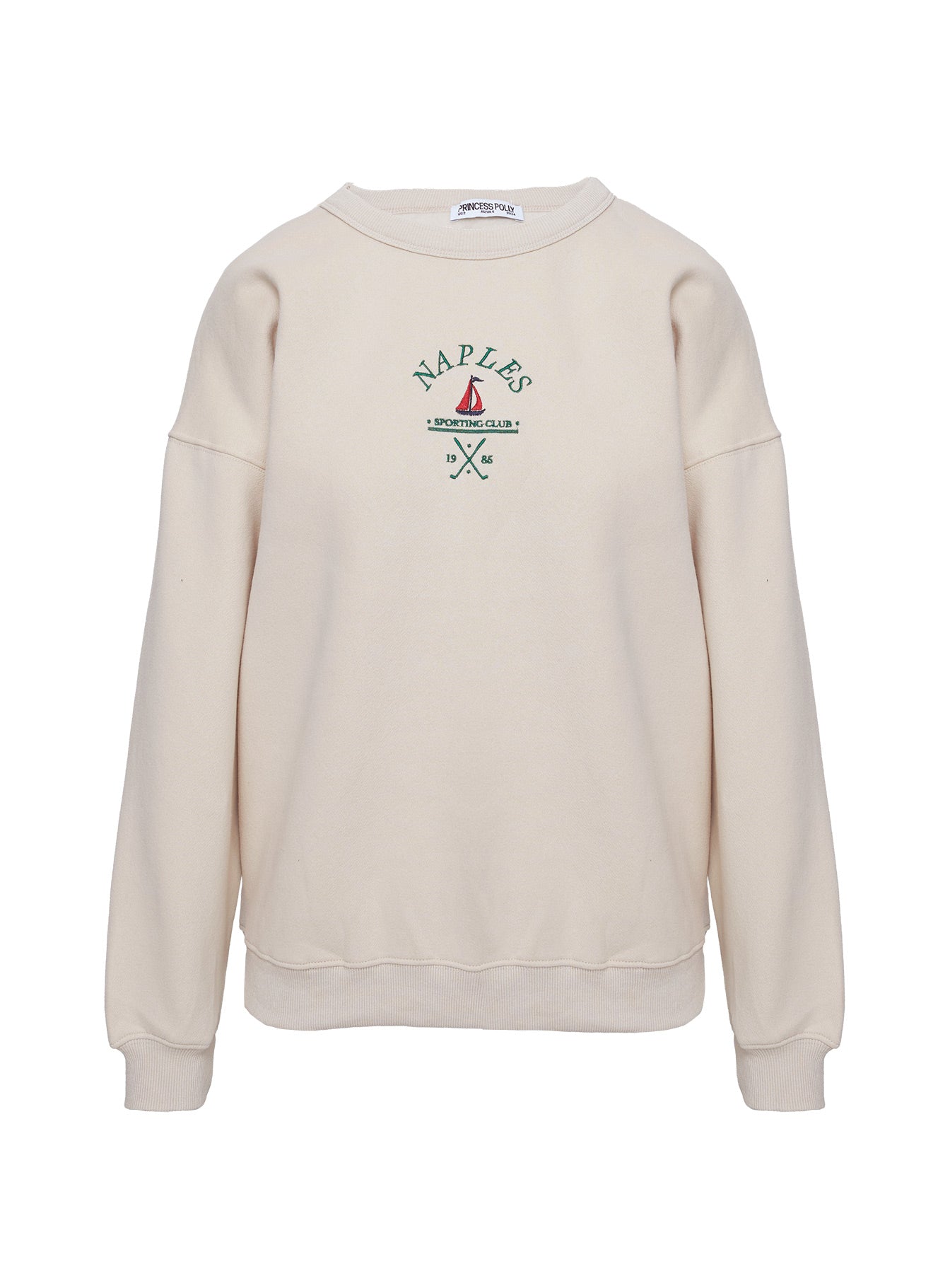 front view of model wearing Princess Polly Dream Fleece Classic Crewneck Sweater Beige 