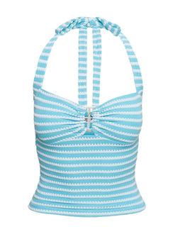 side view of model wearing Princess Polly Dreaming Of Me Top Blue Stripe Sleeveless Sweetheart 