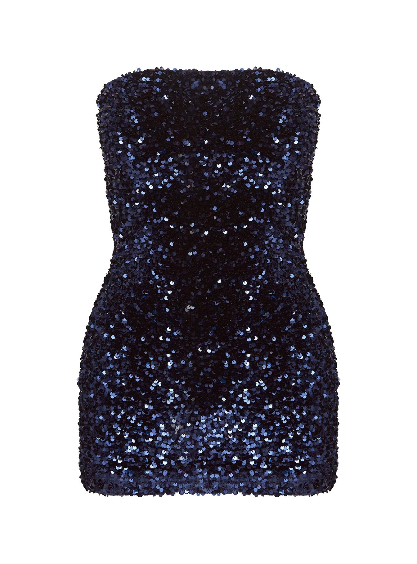 back view of model wearing Princess Polly Eldoni Strapless Mini Dress Navy Straight Neck 