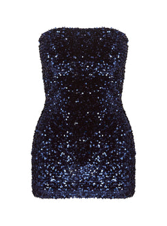 back view of model wearing Princess Polly Eldoni Strapless Mini Dress Navy Straight Neck 