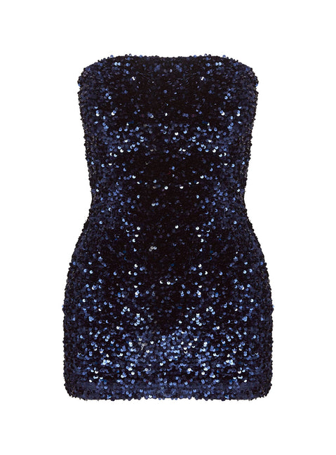 back view of model wearing Princess Polly Eldoni Strapless Mini Dress Navy Straight Neck 