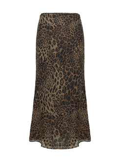 back view of model wearing Princess Polly Eleganza Maxi Skirt Leopard Maxi 