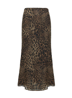 back view of model wearing Princess Polly Eleganza Maxi Skirt Leopard Petite Maxi 