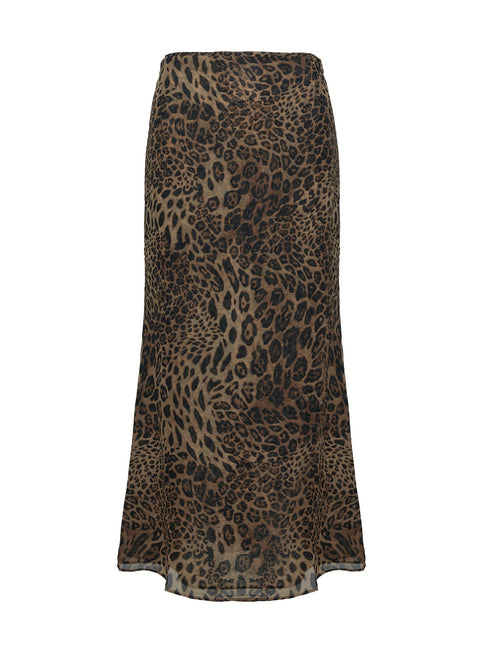 back view of model wearing Princess Polly Eleganza Maxi Skirt Leopard Petite Maxi 