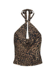 back view of model wearing Princess Polly Eleganza Top Leopard Petite Sleeveless Cowl 