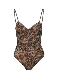 back view of model wearing Princess Polly Elixia Bodysuit Leopard Petite Sleeveless 