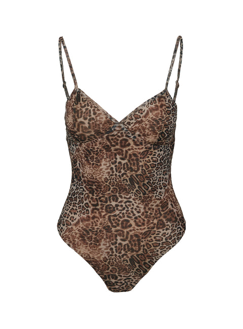 back view of model wearing Princess Polly Elixia Bodysuit Leopard Petite Sleeveless 