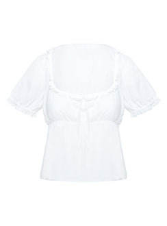 side view of model wearing Princess Polly Elizabette Puff Sleeve Top White Short Sleeves Scoop Neck 