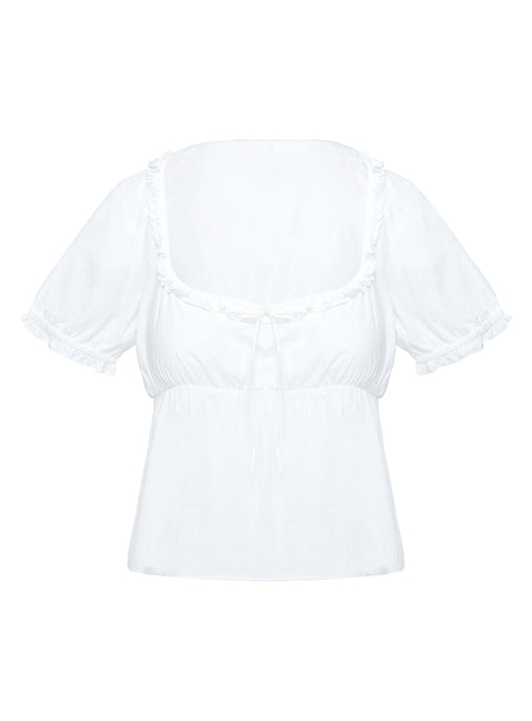 side view of model wearing Princess Polly Elizabette Puff Sleeve Top White Short Sleeves Scoop Neck 