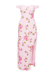 side view of model wearing Princess Polly Emmeline Off The Shoulder Maxi Dress Pink Floral Sweetheart Neckline 