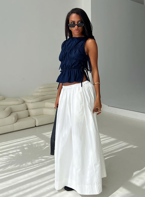 front view of model wearing Princess Polly Endless Summers Tie Side Top Navy Sleeveless High Neck 