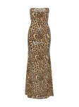 side view of model wearing Princess Polly Exquise Strapless Maxi Dress Leopard Sequin Straight Neck 